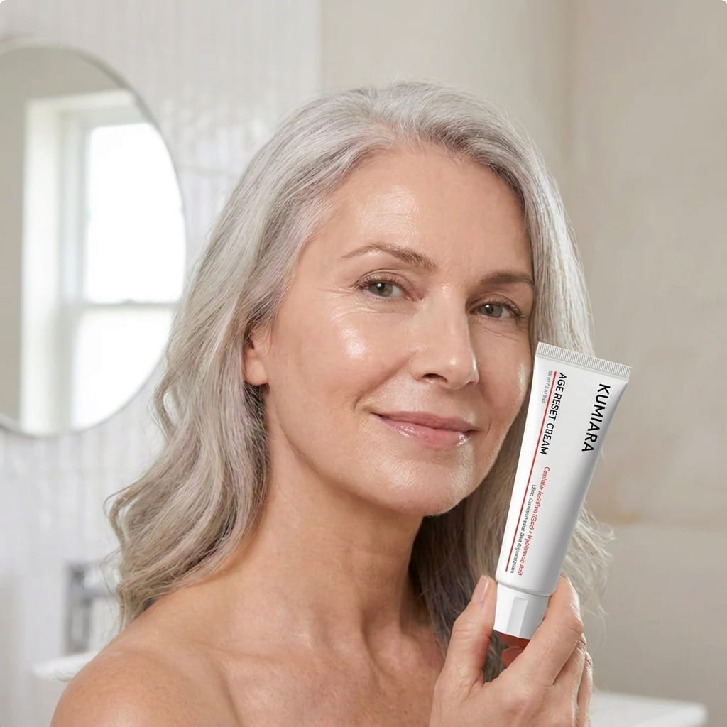 Donna sorridente con il tubetto Kumiara Age Reset in mano