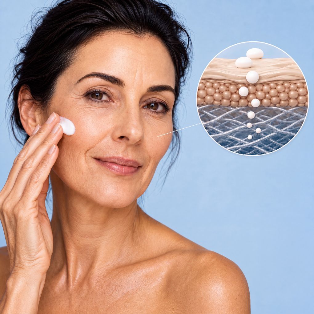 Woman applying Kumiara cream with scheme of penetration into the layers of the skin